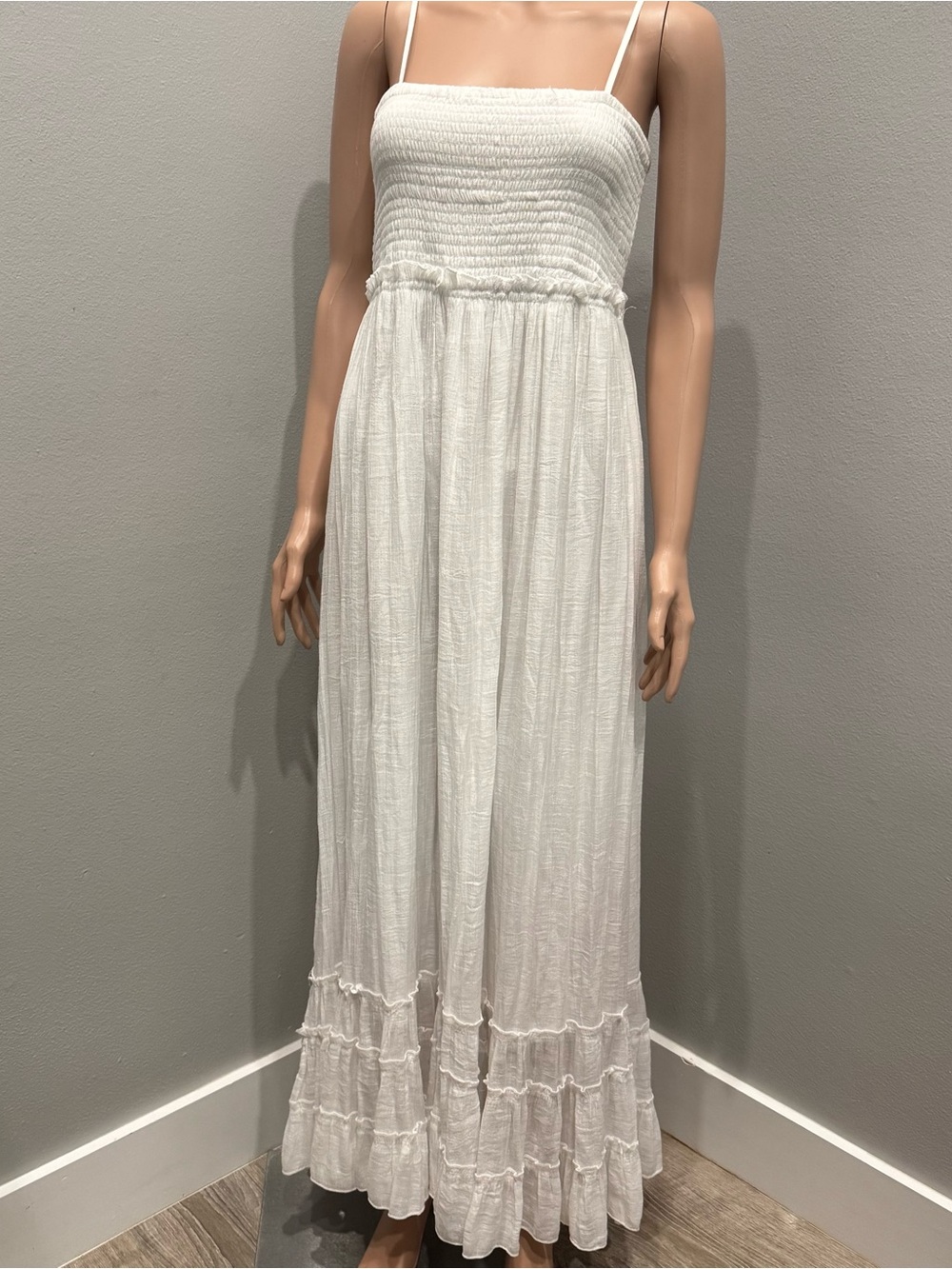 Kings Road White Smocked Maxi Sundress Ruffle Tiered Hem XL Boho Festival